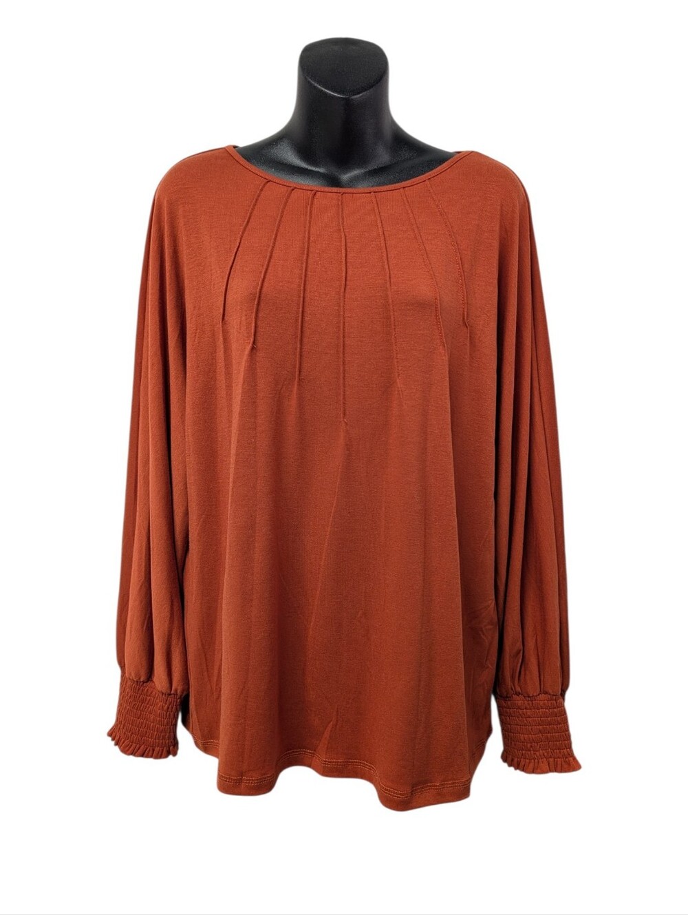 Automet Womens Rust Solid Round Neck Long Sleeve Pleated Smocked Blouse L
